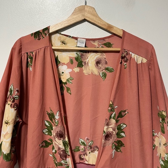 Twik Floral Wrap Dress Pink Rust Midi Size L - Picture 5 of 13